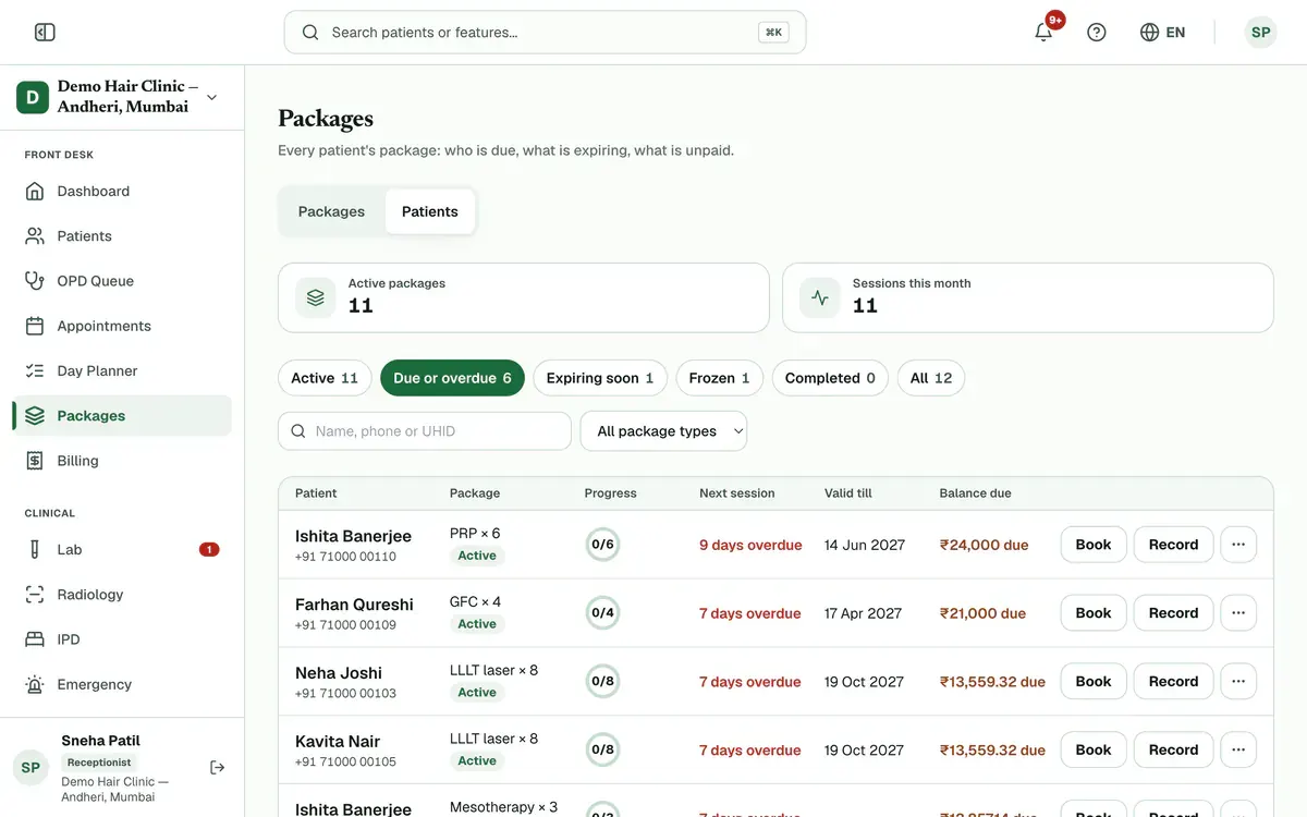 The Patients view of the Packages page with the Due or overdue tab chosen and each row’s Book, Record and three-dot buttons.