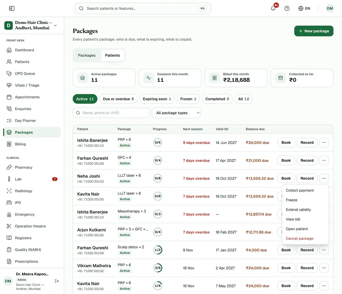 A package row’s three-dot menu open, with Collect payment, Freeze, Extend validity, View bill, Open patient and Cancel package.