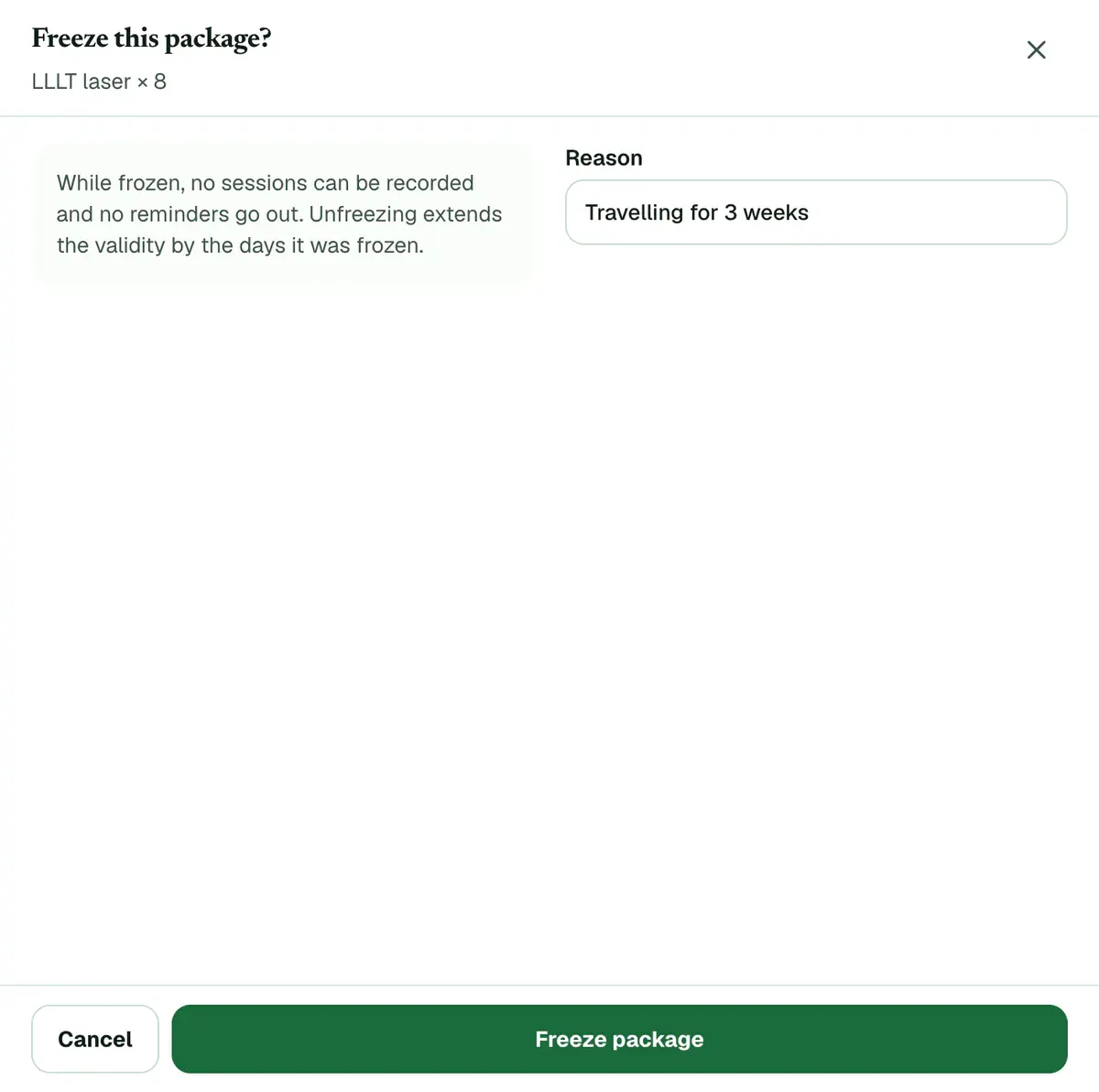 The Freeze this package panel with a reason typed in and the Freeze package button.