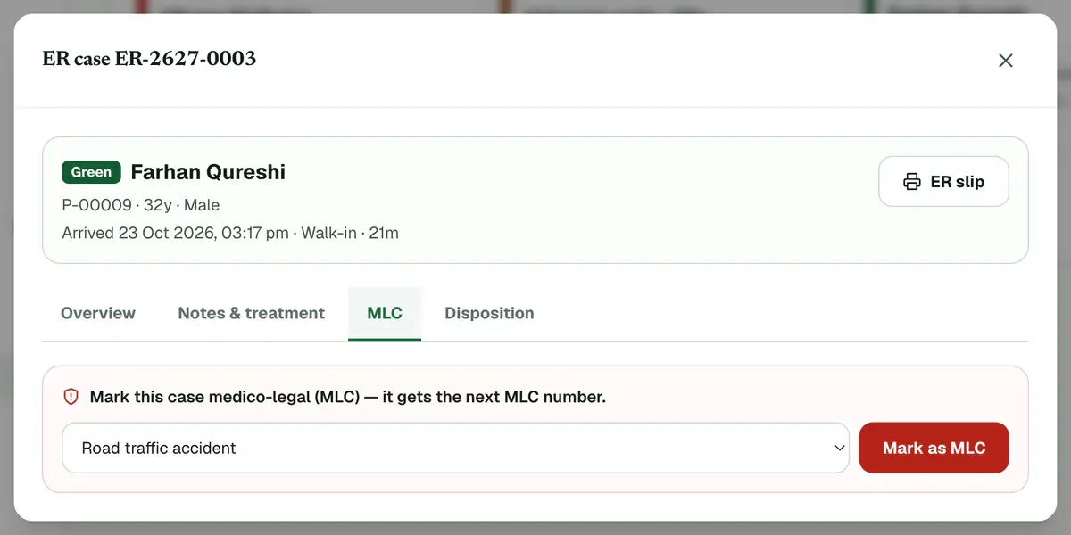 An ER case open on the MLC tab, with the MLC category and the Mark as MLC button highlighted.