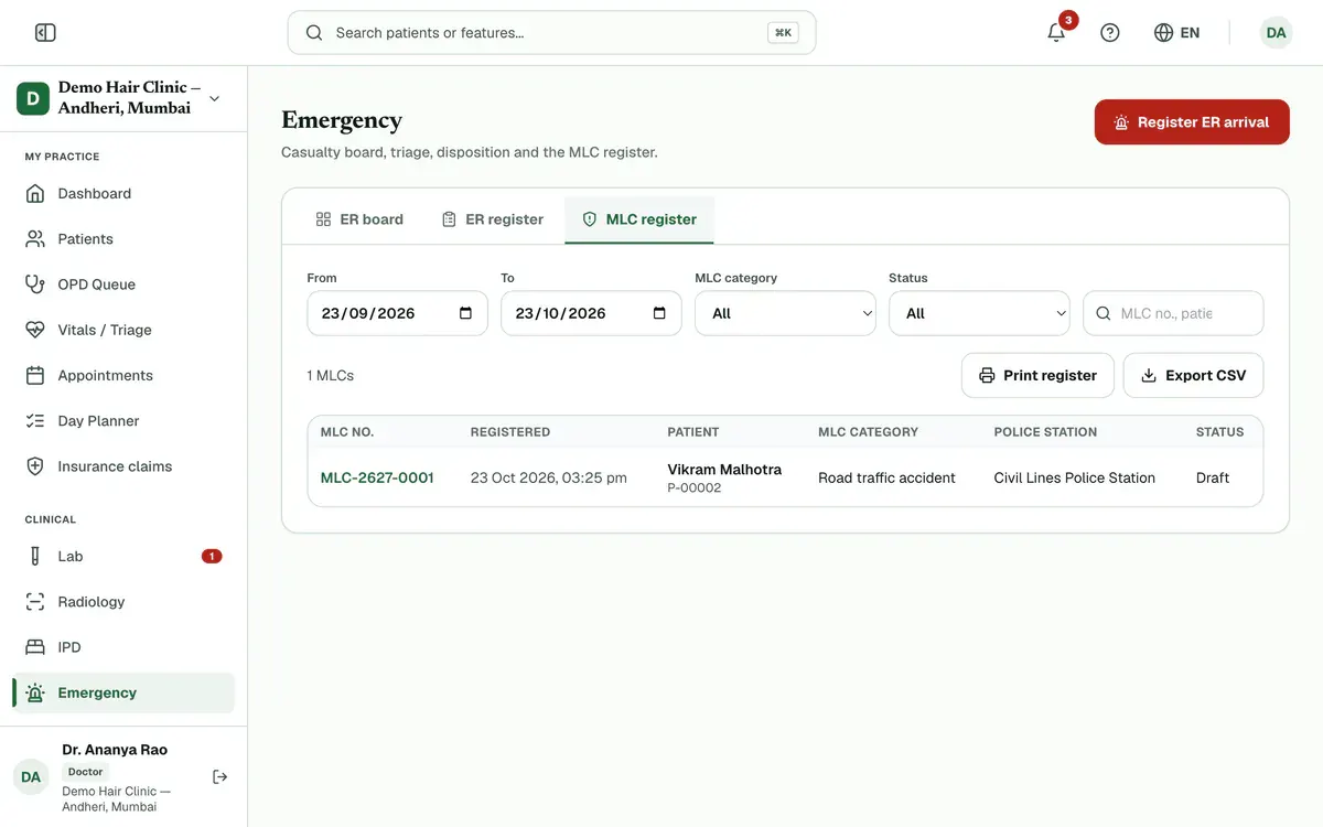 The MLC register tab with the filters, the Print register and Export CSV buttons, and the list of MLCs highlighted.