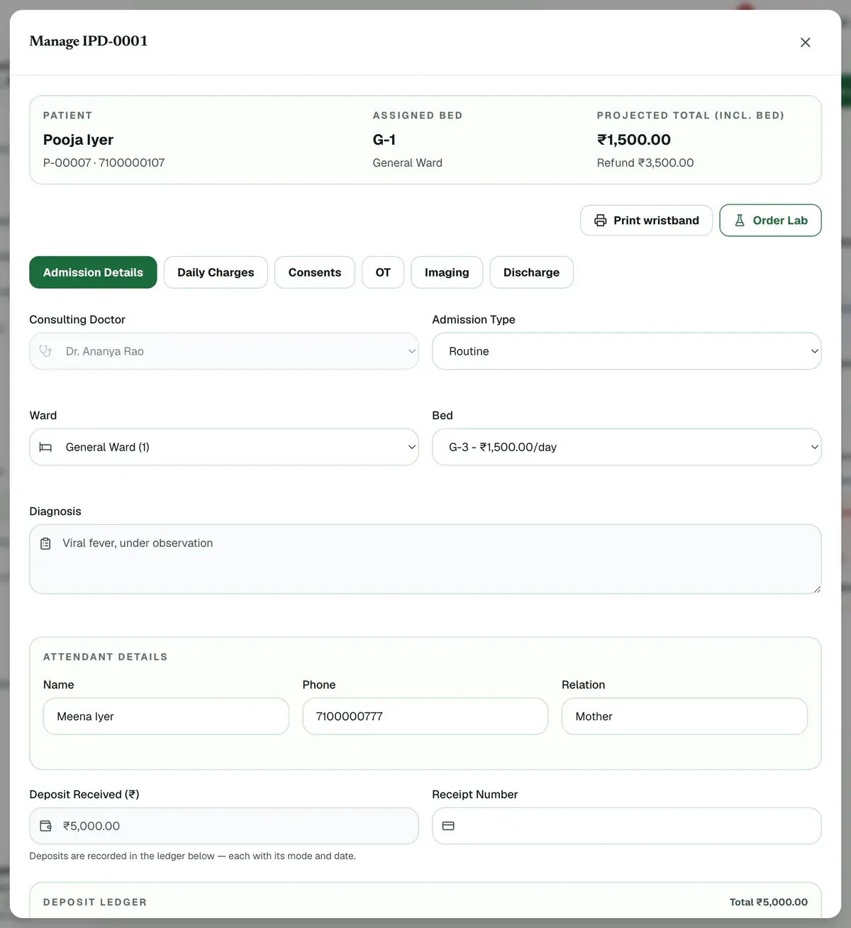 The Manage window open on the Admission Details tab, with the Ward and the new free Bed highlighted.
