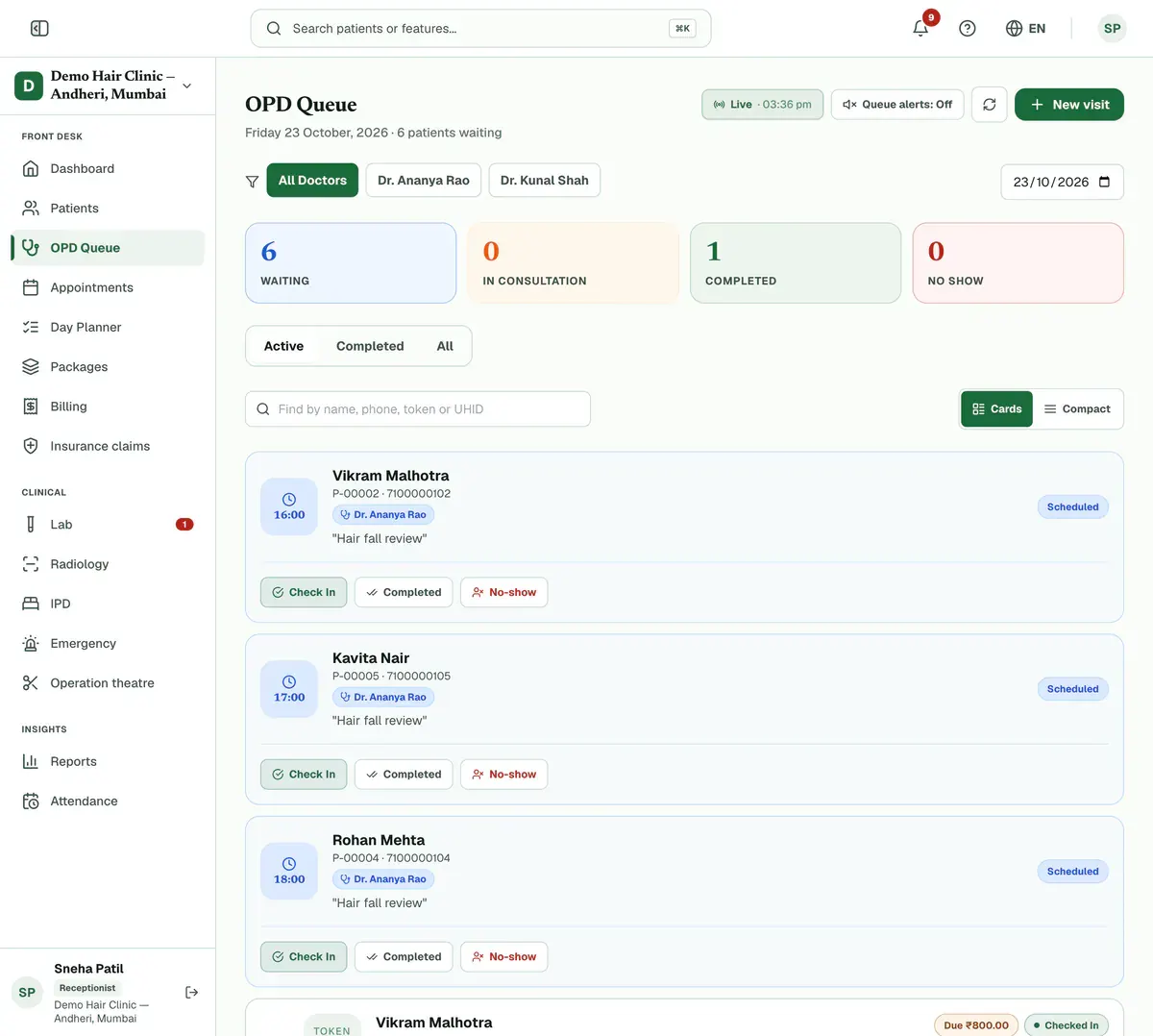 The OPD queue with the New visit button, the status tiles and a Check In button marked.