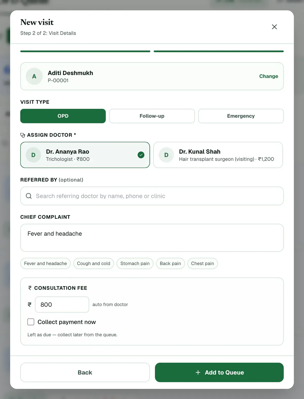 The New visit window with the visit type, the chosen doctor and the Add to Queue button marked.