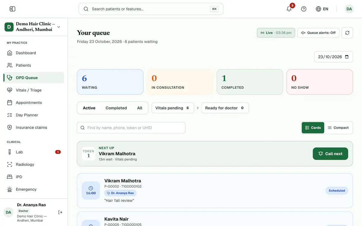 A doctor’s own queue with the Next up card and the Call next button marked.