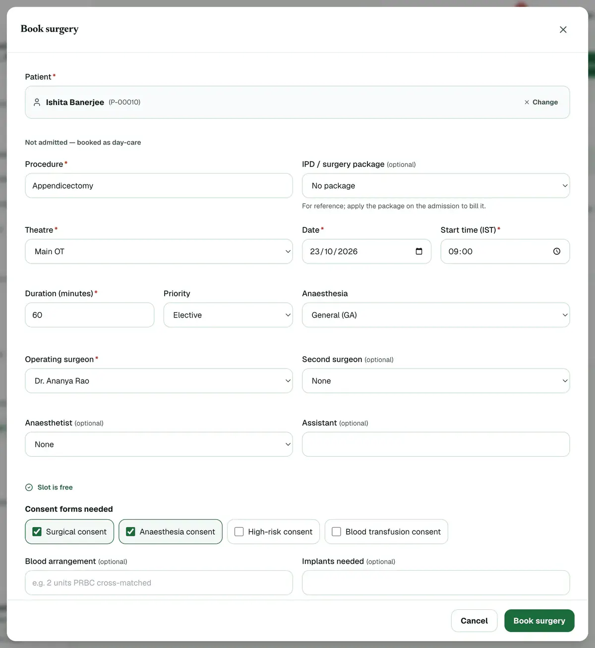 The Book surgery form with the patient, procedure, theatre and operating surgeon filled in, and the booking checked as a free slot.