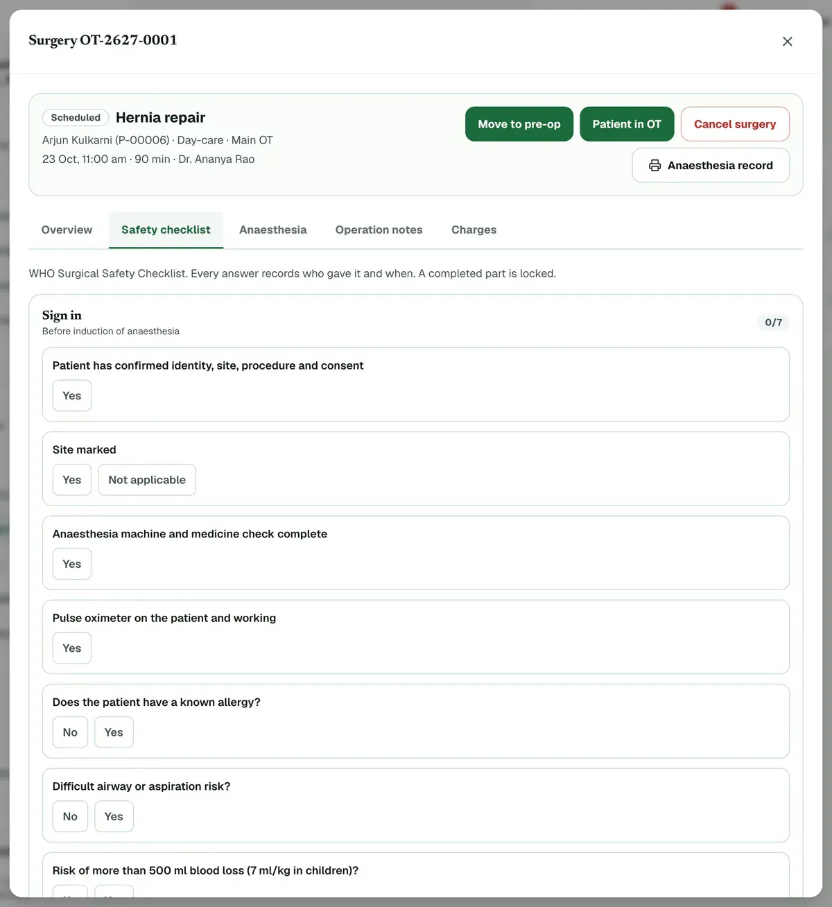A surgery open on the Safety checklist tab, with the Sign in part and the status buttons Move to pre-op and Patient in OT highlighted.