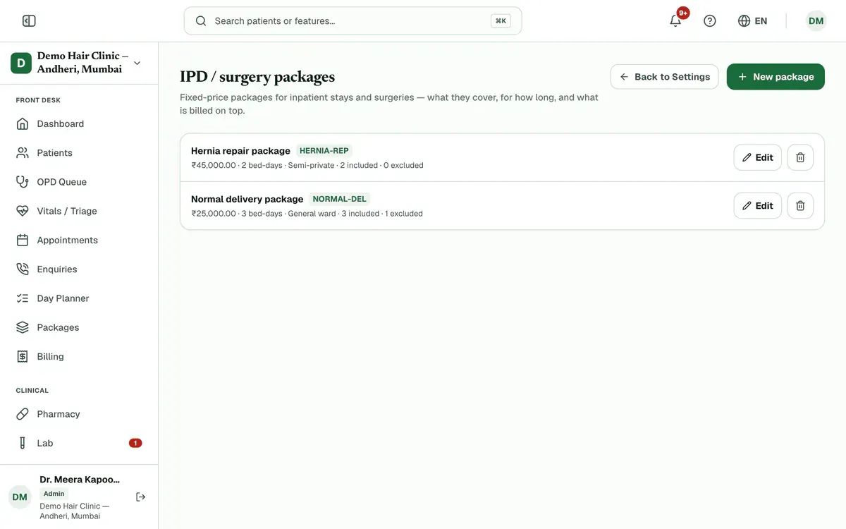 The IPD / surgery packages page with the New package button and the list of packages with their prices highlighted.