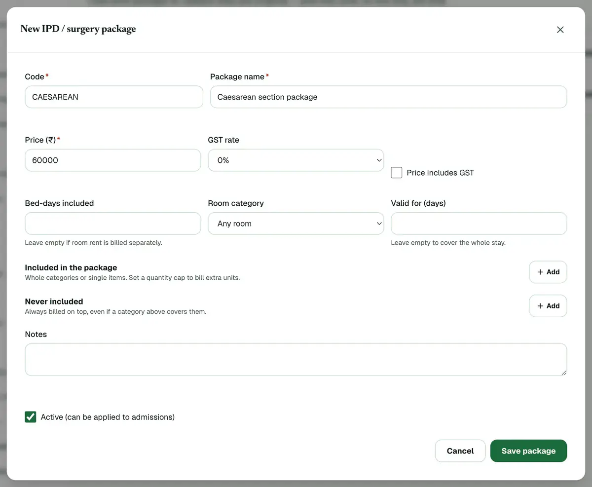 The New IPD / surgery package window with the code, name and price filled in, and the Save package button highlighted.