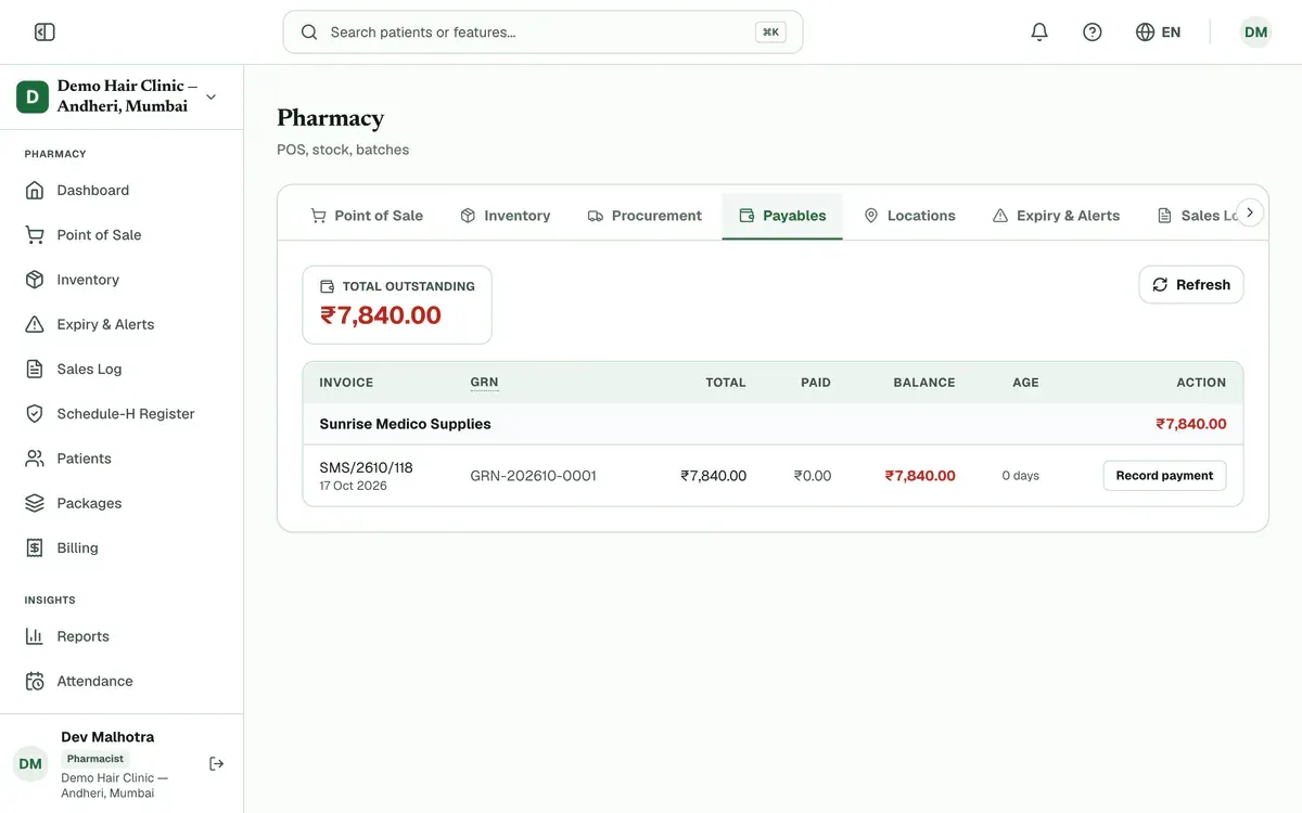 The Payables tab showing the total outstanding, one supplier invoice and its Record payment button.