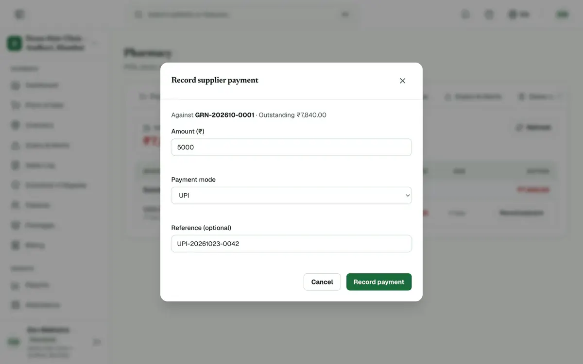 The Record supplier payment window with the amount, payment mode and reference filled in.