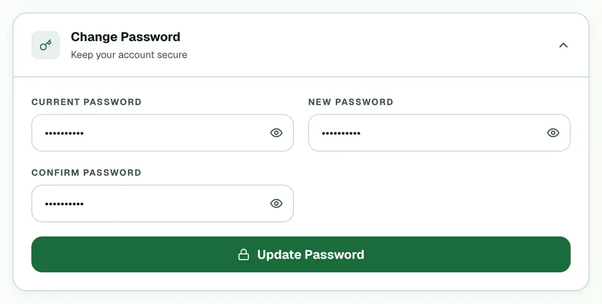 The Change Password card open, with the current, new and confirm password boxes filled and the Update Password button marked.