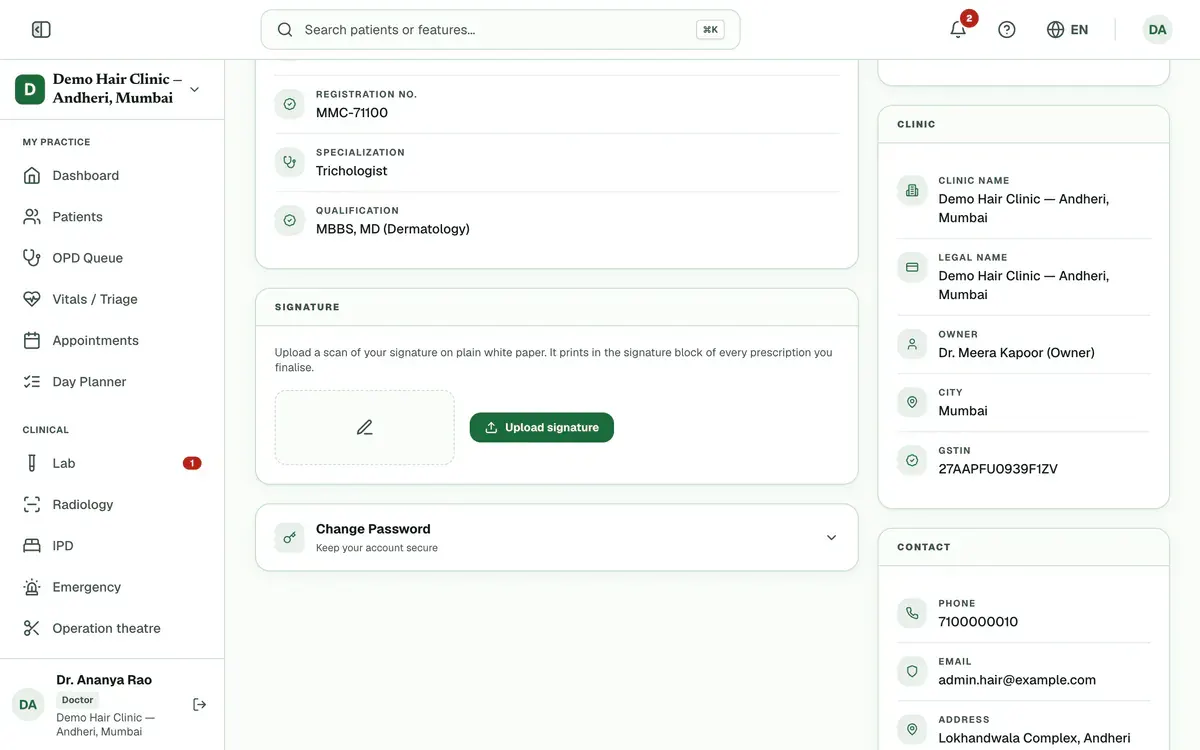 The Signature card on a doctor’s profile, with the Upload signature button.