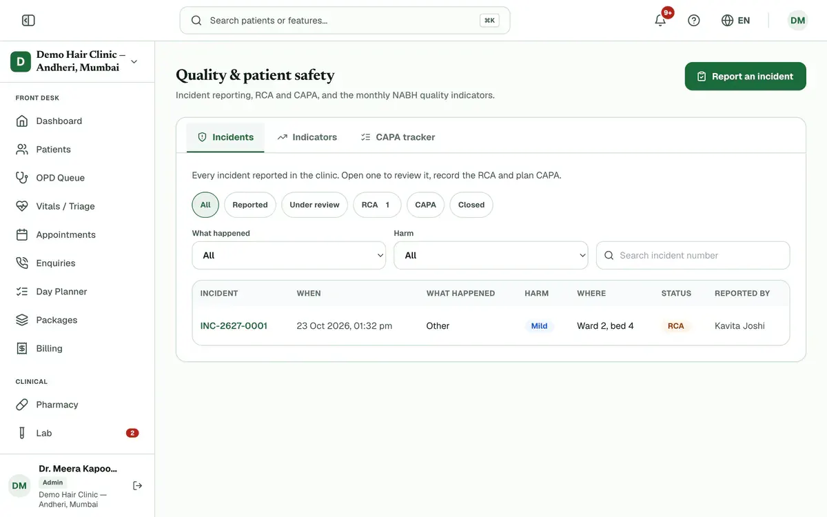 The Quality page on the Incidents tab: the Report an incident button, the status buttons from All to Closed, and one incident in the list.