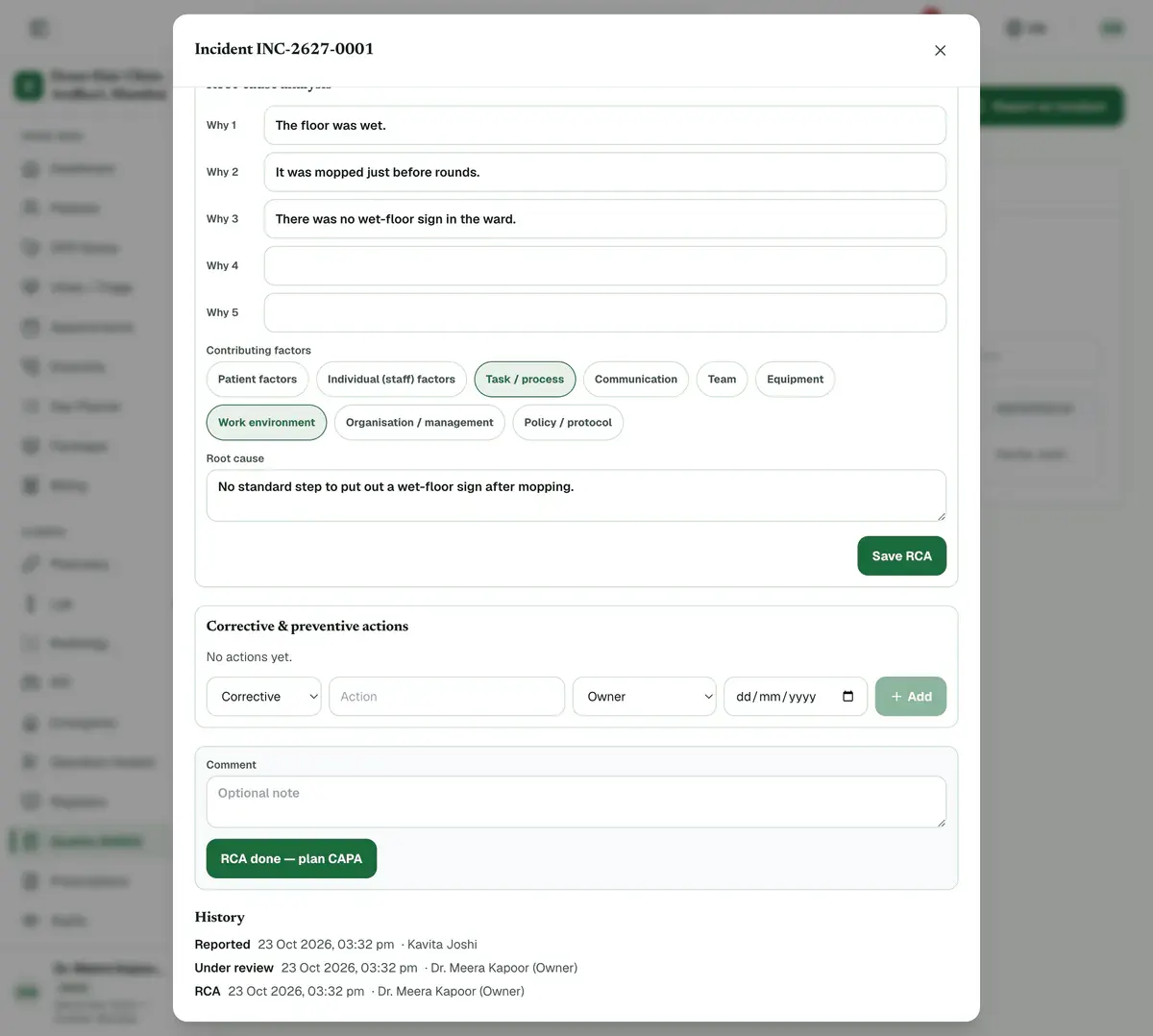 An incident open at the RCA stage: the Why boxes, contributing factors, root cause and Save RCA, then the actions section and the “RCA done — plan CAPA” button.