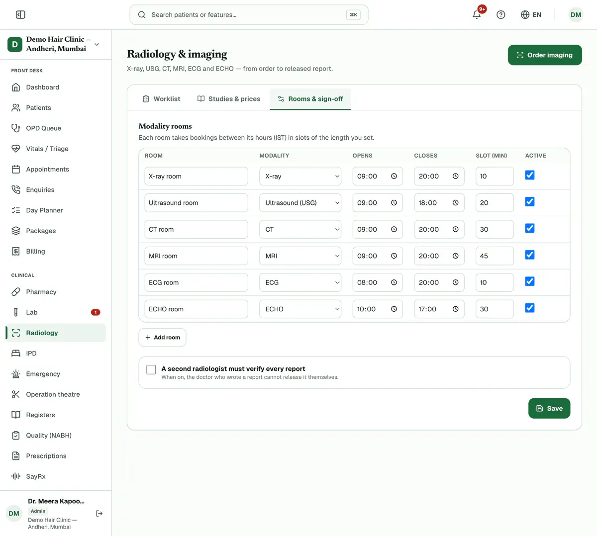 The Rooms & sign-off tab with the room hours table and the second verifier switch highlighted.