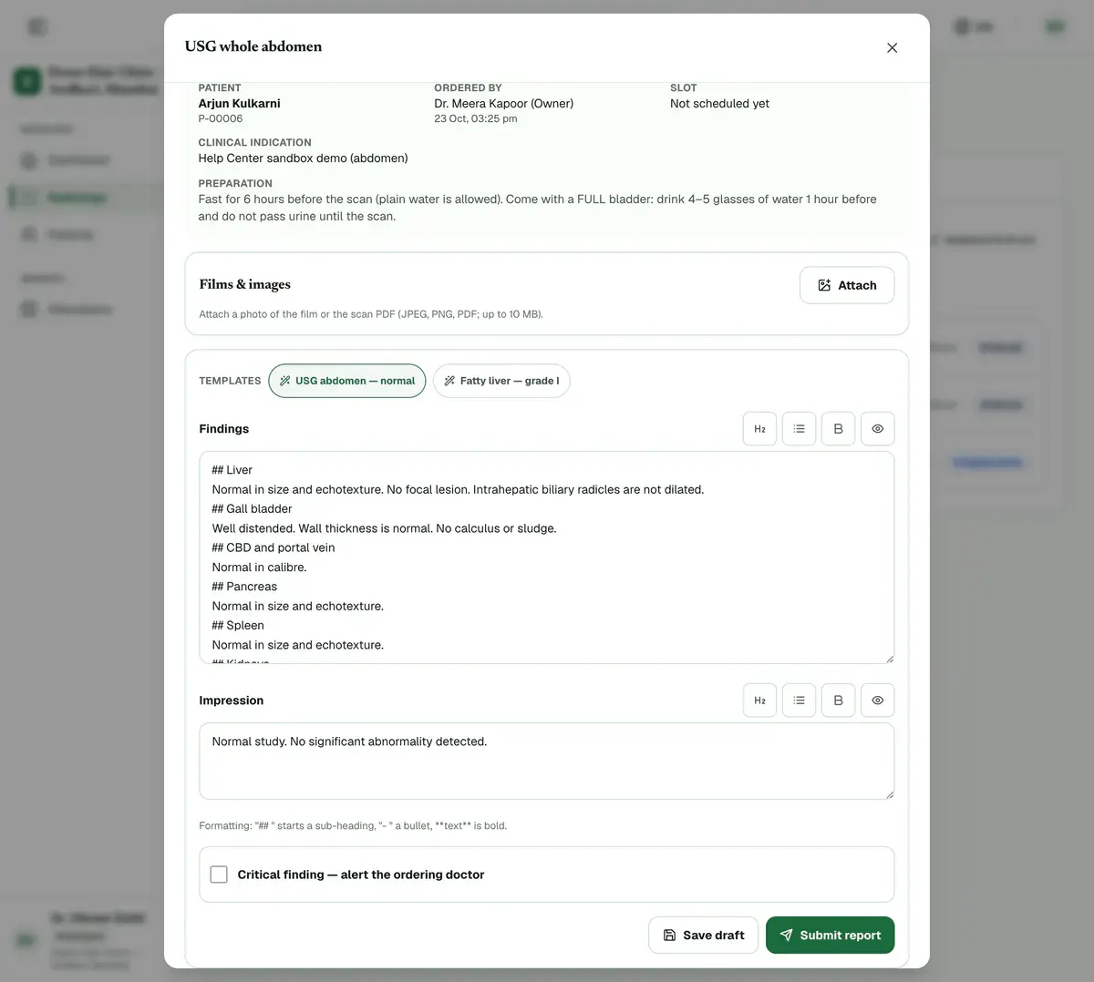 The report editor with a template applied to the findings and impression.