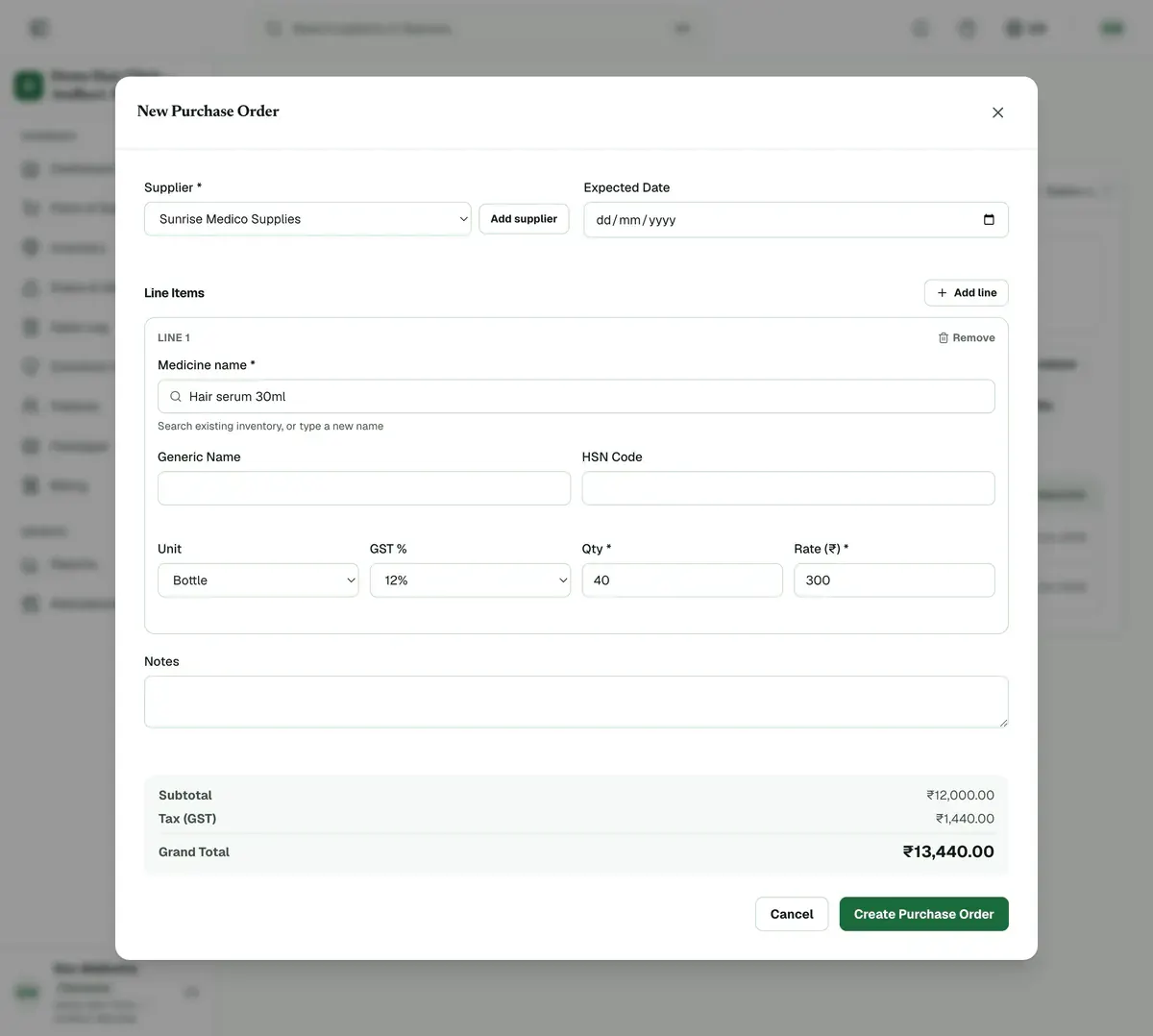 The New Purchase Order form with the supplier chosen and one medicine line with its quantity and rate filled in.
