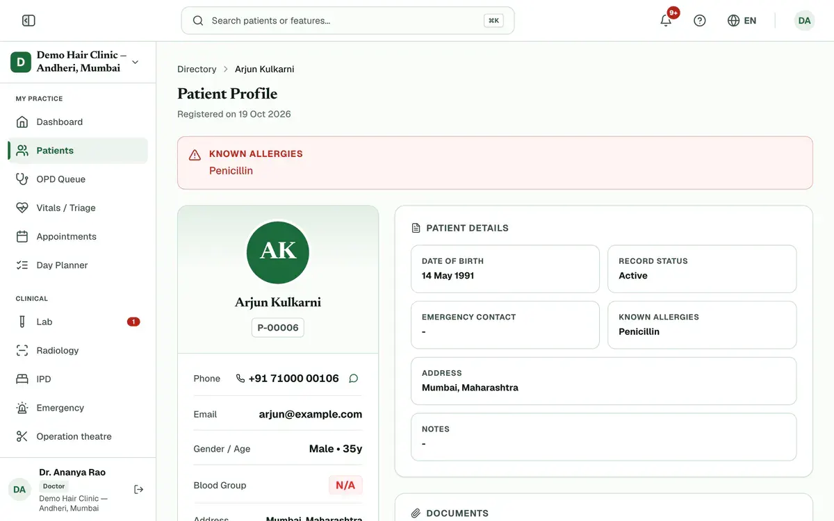 A patient’s record with a red Known Allergies banner at the top and the patient card on the left, showing the name, UHID, phone, age and blood group.