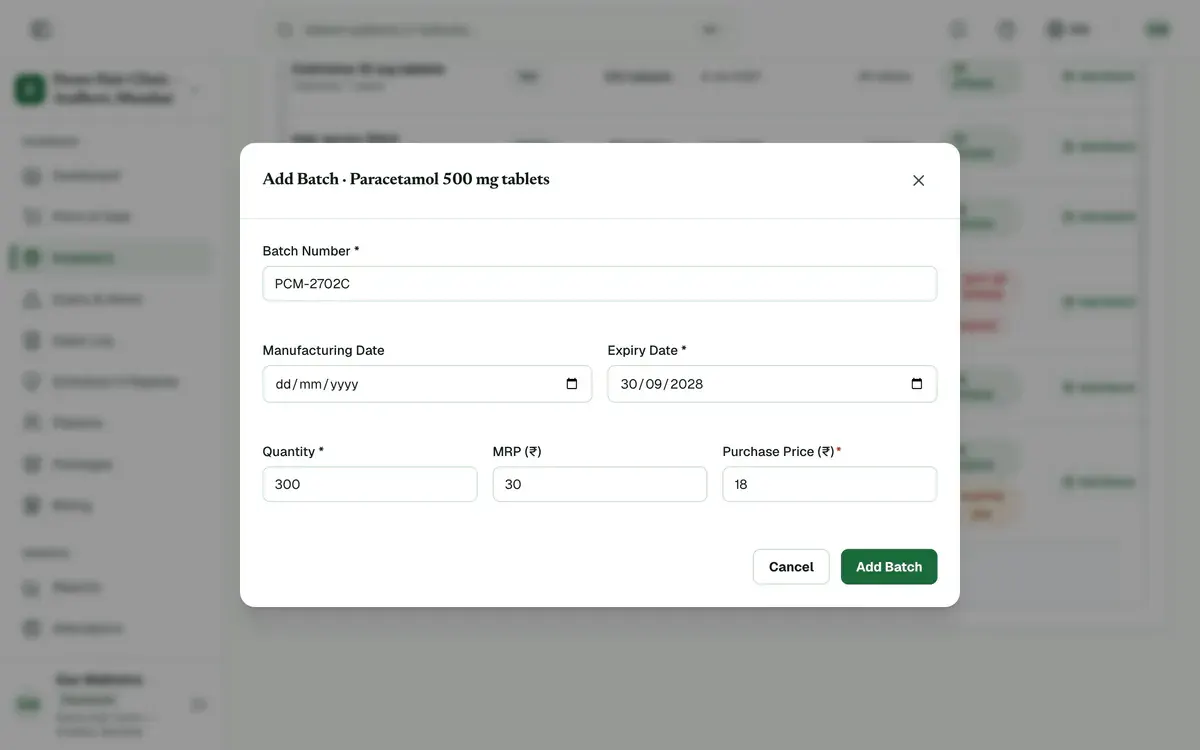 The Add Batch form filled in with the batch number, expiry date, quantity, MRP and purchase price.