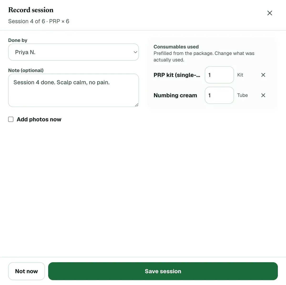 The Record session form for session 4 of 6 of a package, with Done by, a note, the stock items used and the Save session button.