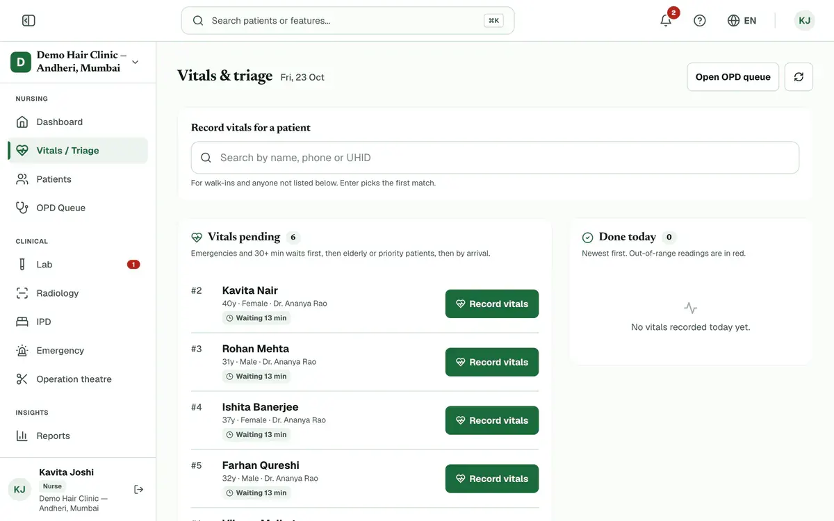 The Vitals and triage page, with the Vitals pending list, a Record vitals button on each row, and the search box for other patients.
