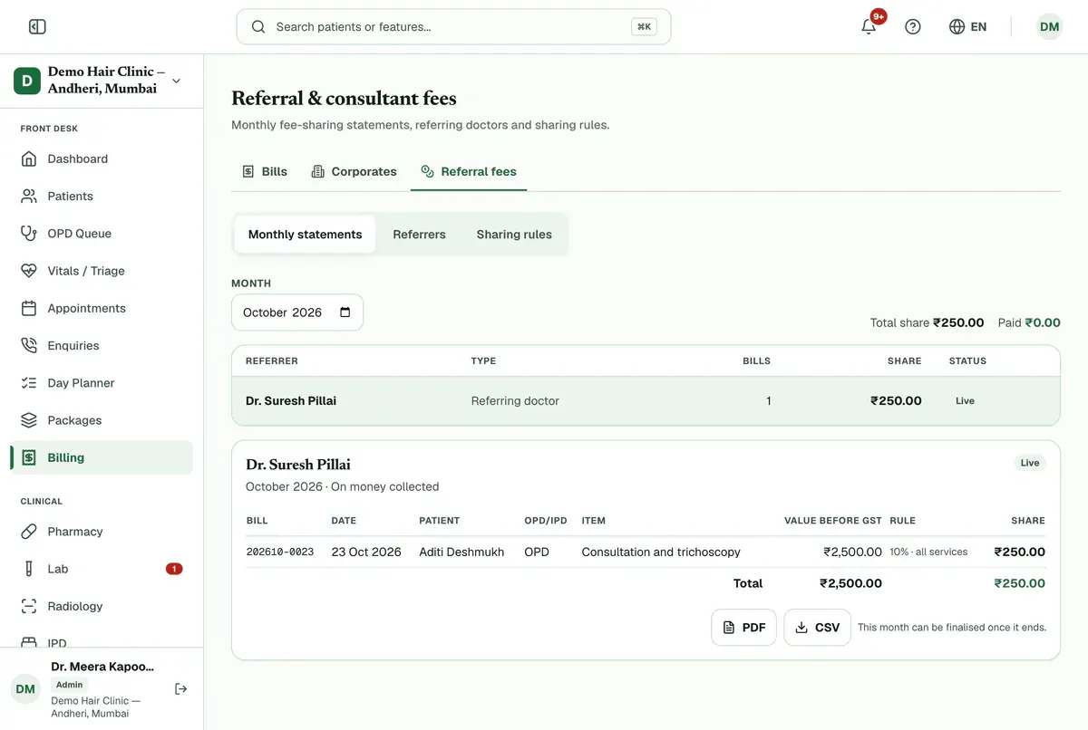 The Referral fees tab with October 2026 picked, one referrer listed and the statement below it showing the bill, the share and the PDF and CSV buttons.