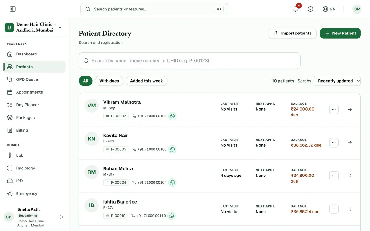 The Patients page with the New Patient button highlighted.