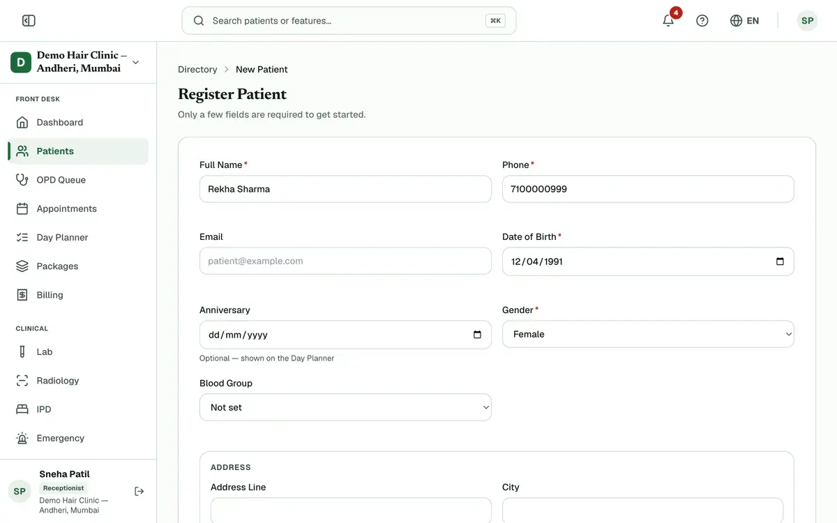 The Register Patient form with name, phone number, date of birth and gender filled in.