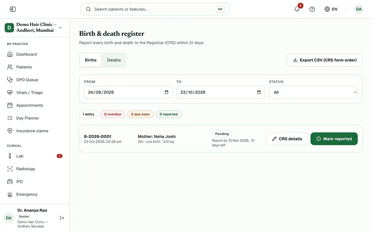 The Birth and death register on the Births tab, with the date filters, the entry showing its due date and the Mark reported button highlighted.