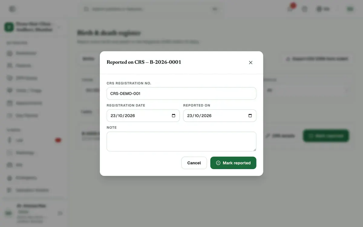 The Reported on CRS window with the CRS registration number typed in and the Mark reported button highlighted.