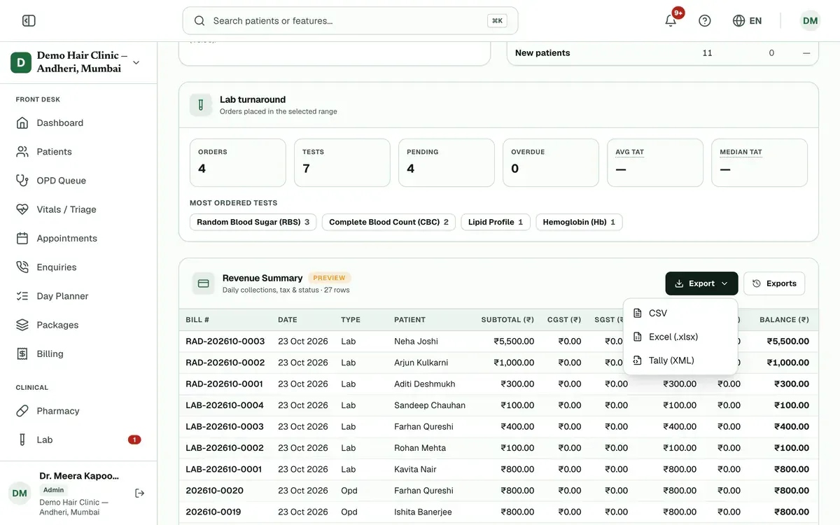 The Revenue Summary preview table with the Export menu open, listing CSV, Excel and Tally, and the Exports button beside it.