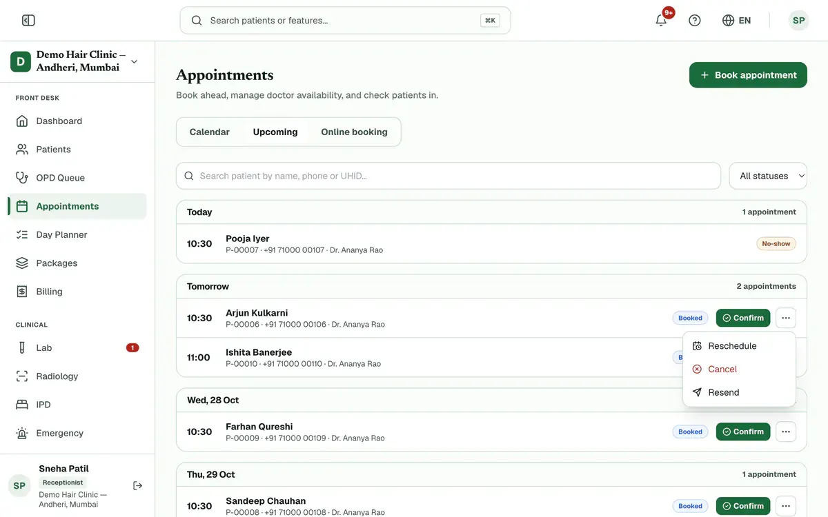 The ⋯ menu open on an upcoming booking, with Reschedule and Cancel marked.