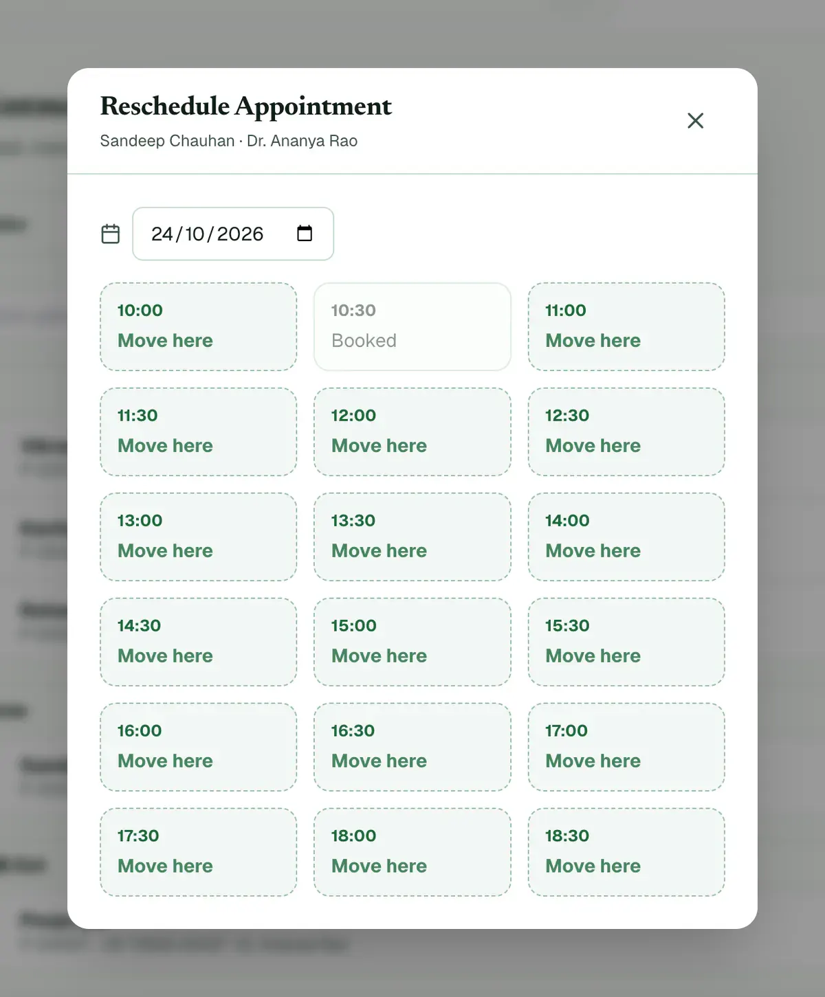 The Reschedule Appointment window with the date and a free time marked. Each free time says Move here.