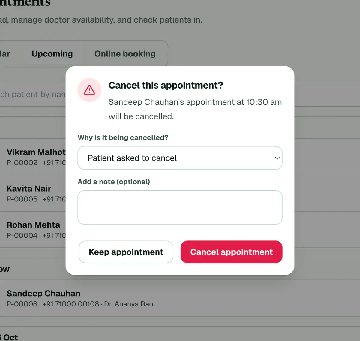 The cancel window asking why the appointment is cancelled, with the reason and the Cancel appointment button marked.
