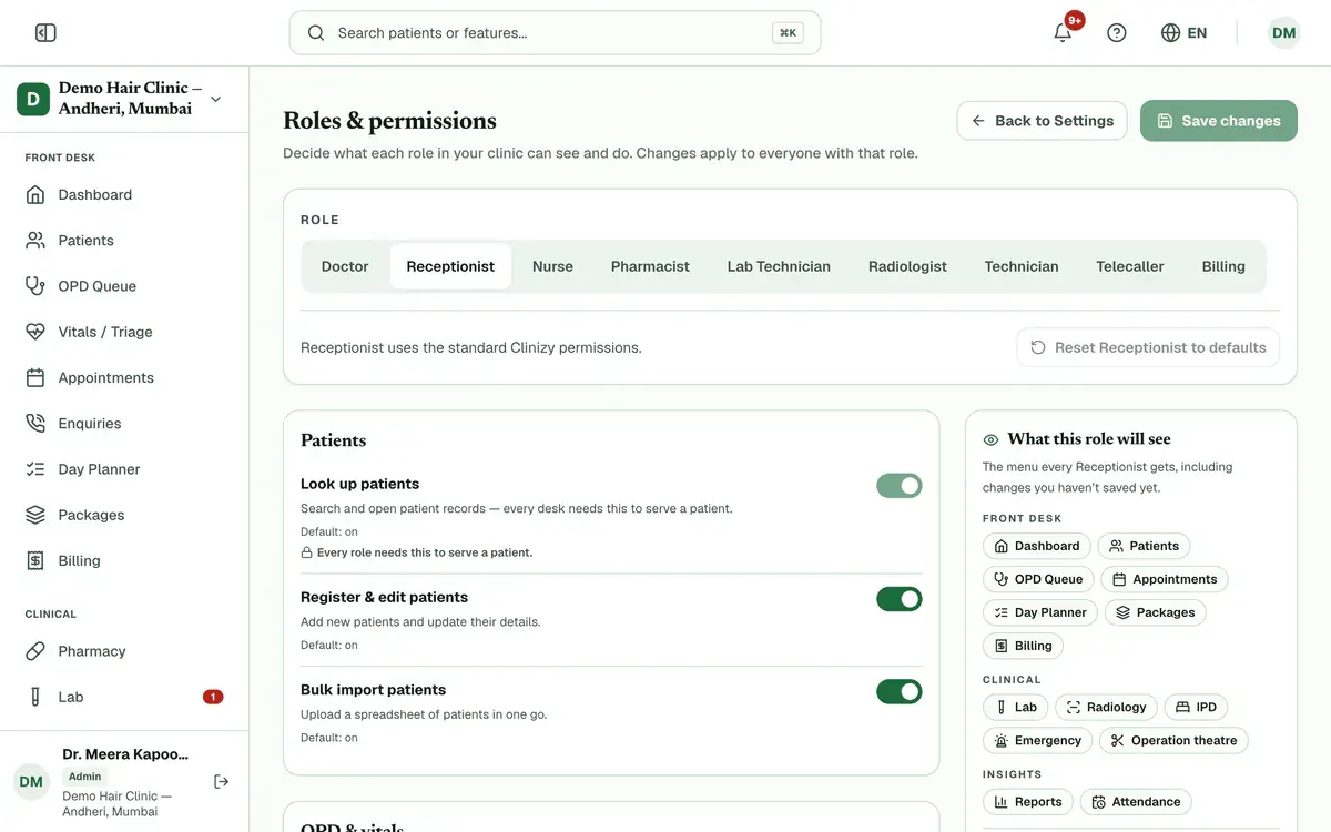 Roles & permissions with the role picker at the top, the permission groups below, the What this role will see panel on the right and the Save changes button.