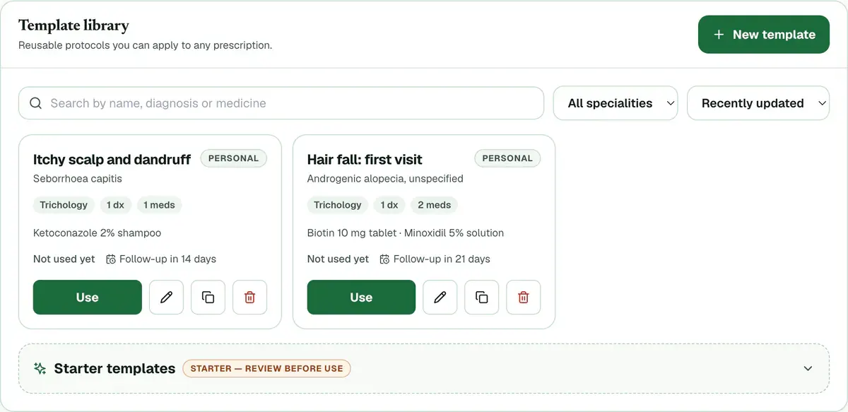 The Template library with a search box and template cards, each with a Use button.