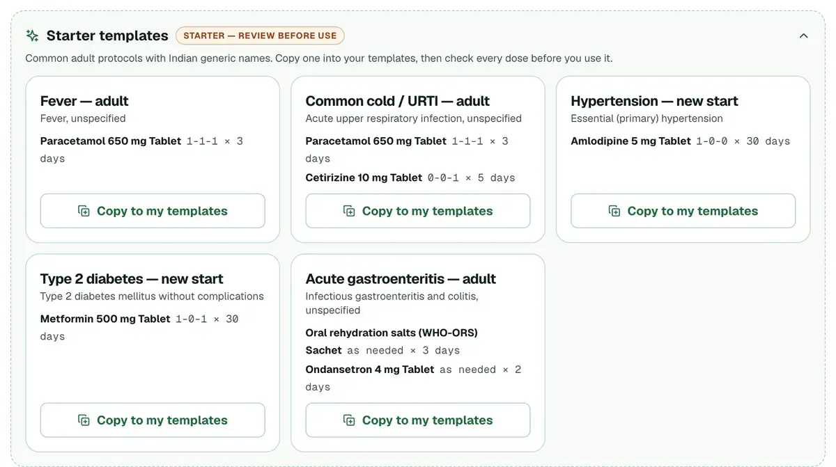 The Starter templates section opened, with a Copy to my templates button on each starter.