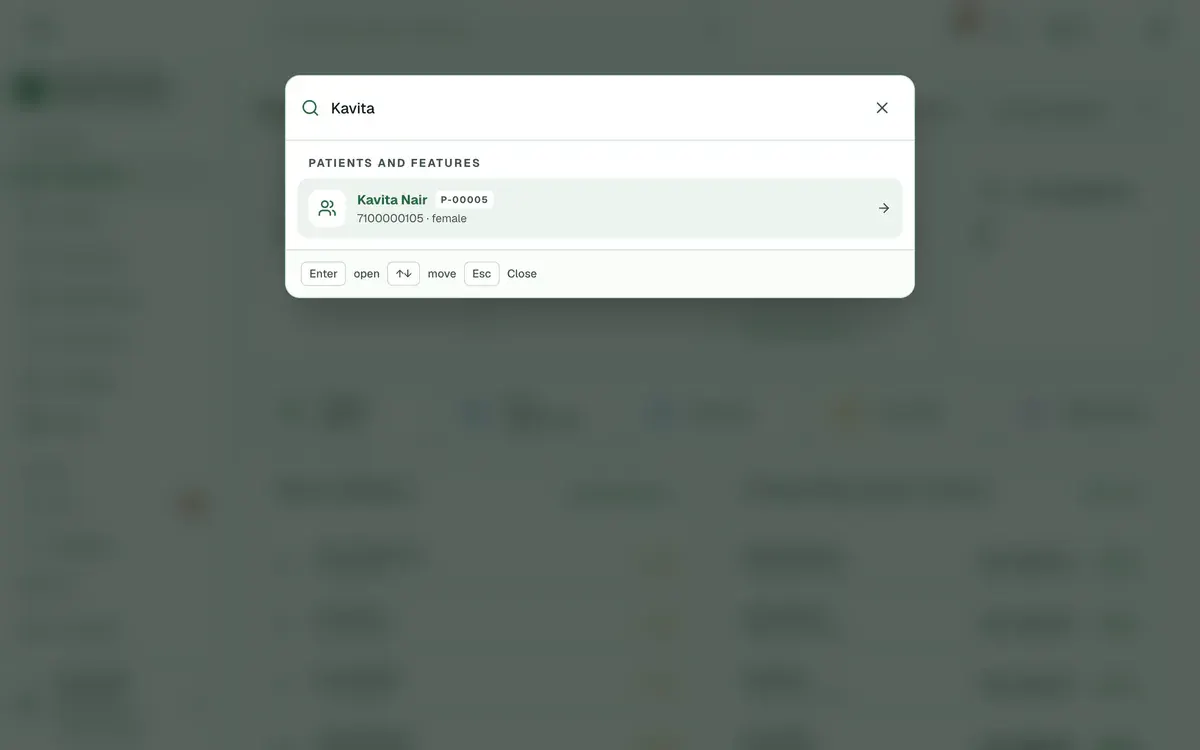 The search window with a name typed in and the matching patient shown below it.