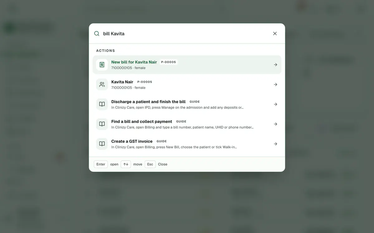 The search window with “bill” and a name typed in, showing a New bill task for that patient at the top.