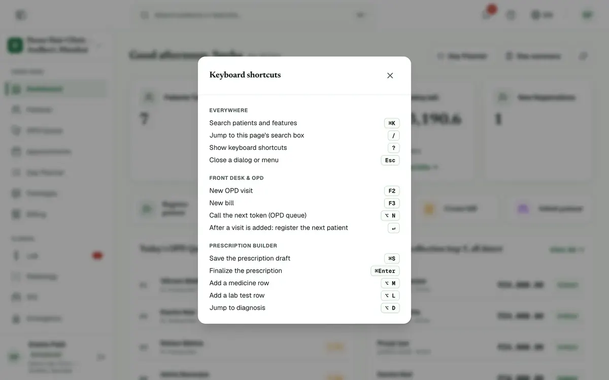 The Keyboard shortcuts list, grouped as Everywhere, Front desk and OPD, and Prescription builder.