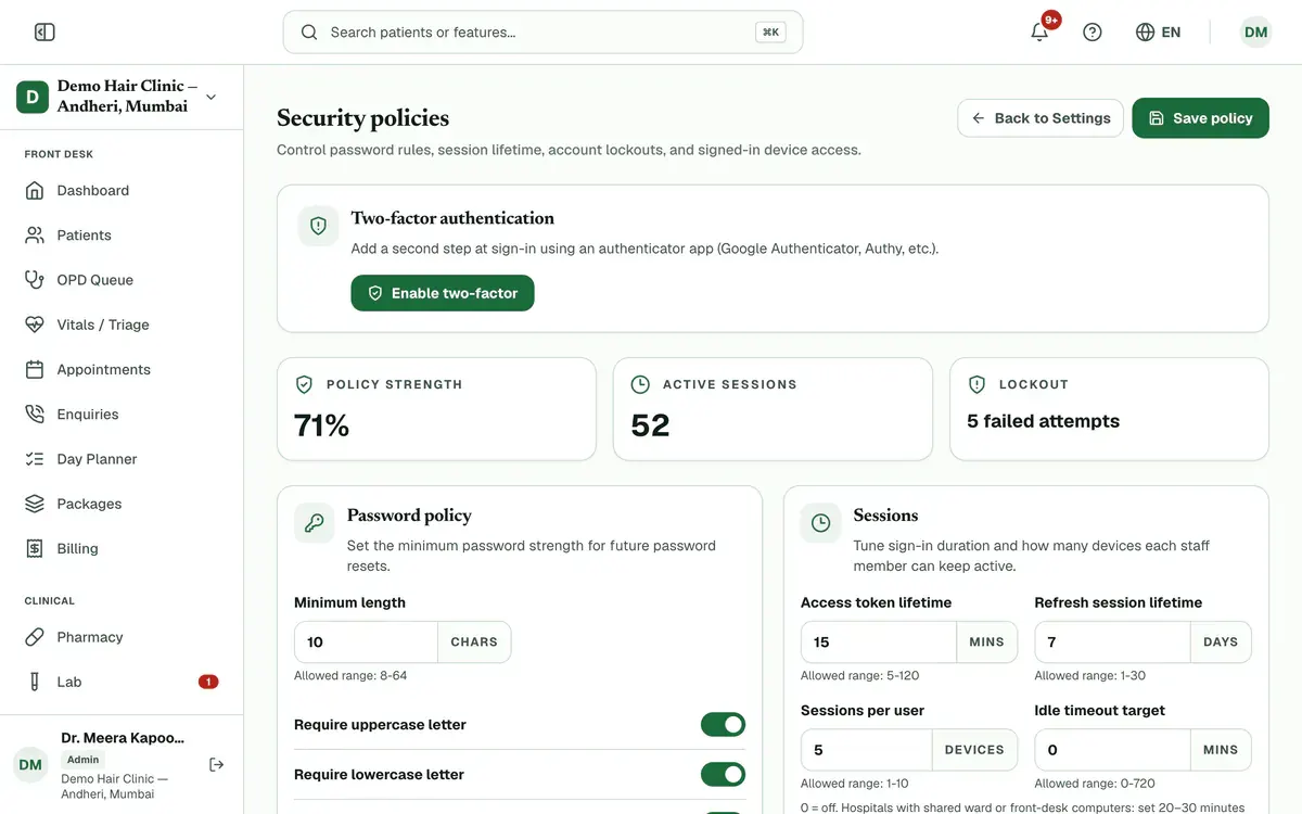 Security policies: the two-factor card with an Enable two-factor button, then the password and session rules, and the Save policy button at the top right.