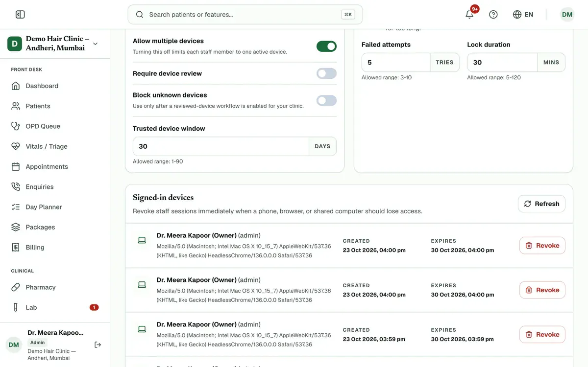 The Signed-in devices list, where each session has a Revoke button.