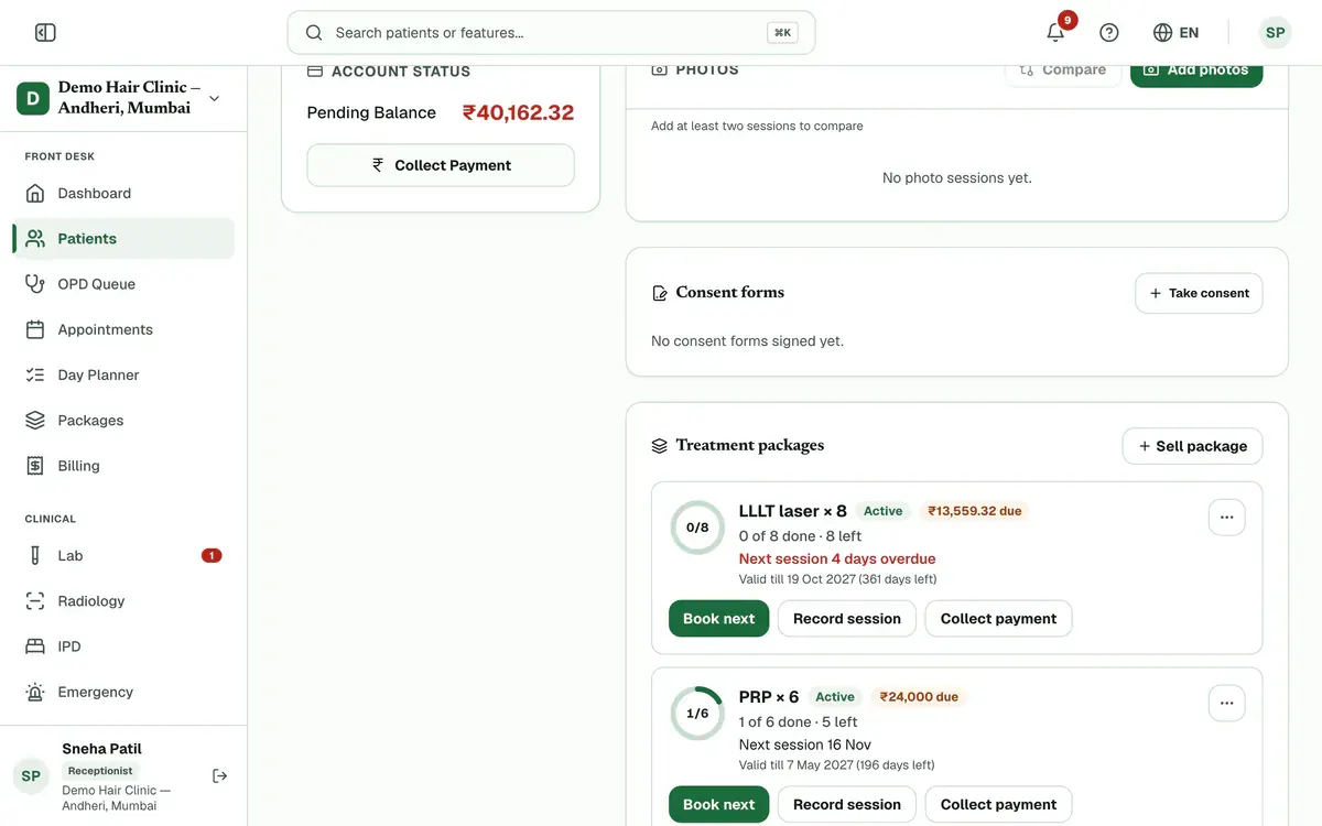 A patient’s profile scrolled to the Treatment packages card, with the Sell package button highlighted.