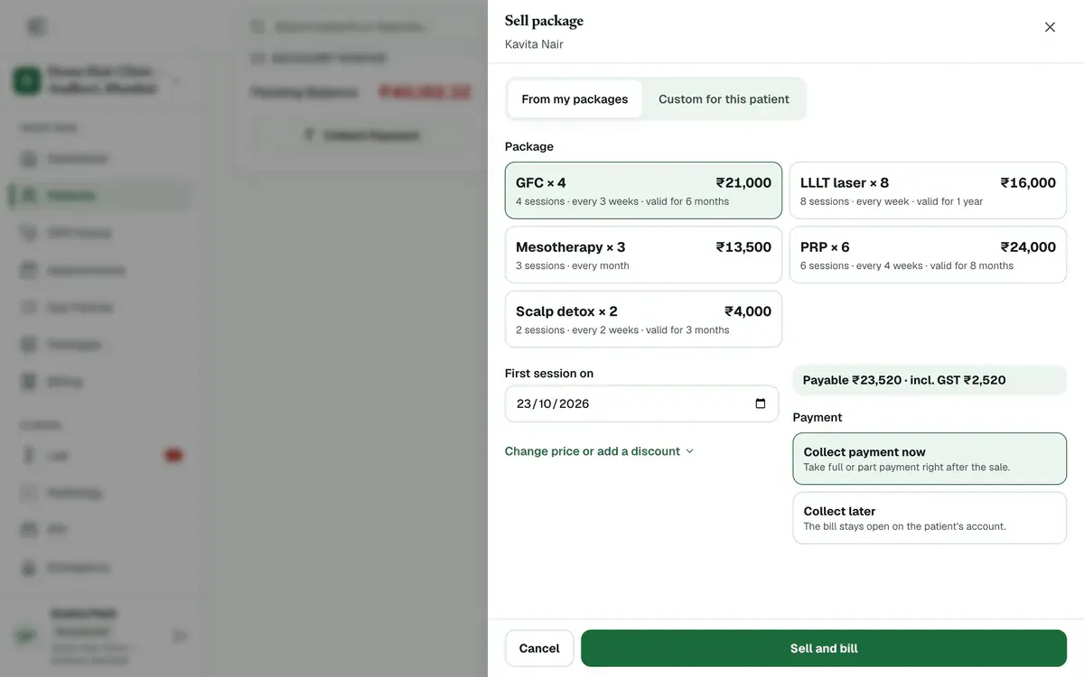 The Sell package panel with one package chosen, the first session date, the payable amount including GST, the payment choice and the Sell and bill button.