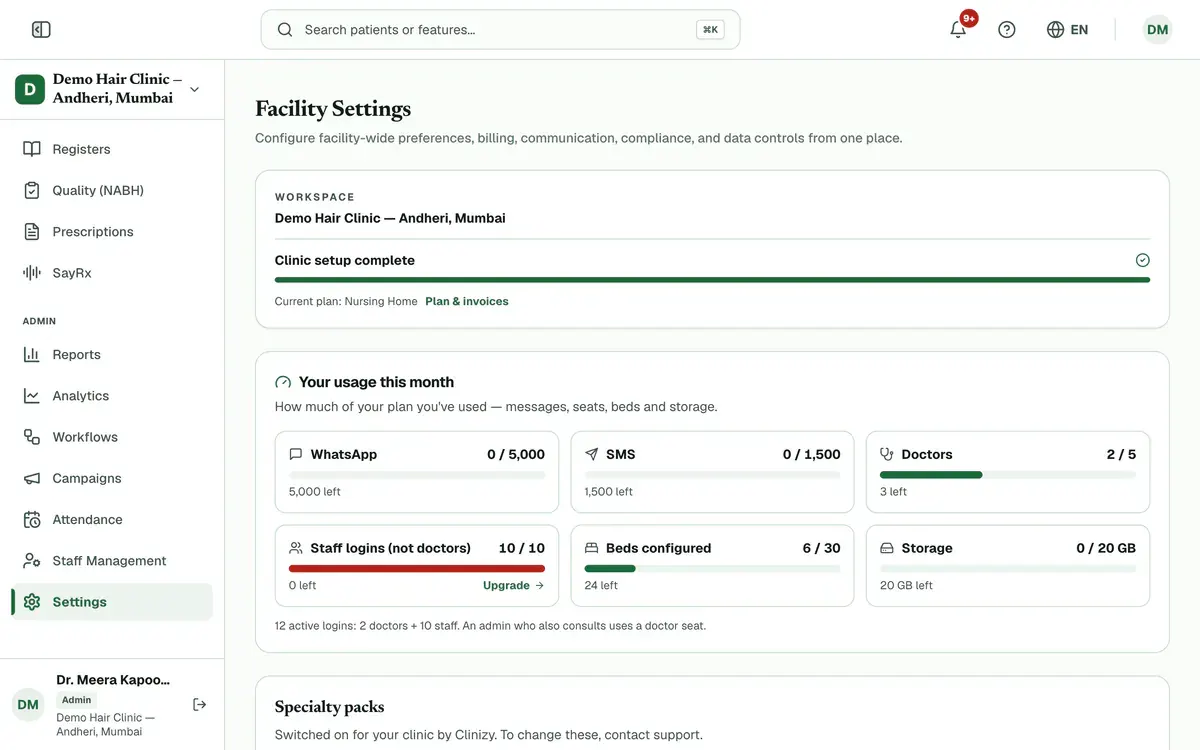 The Settings page with the workspace name, the setup progress bar and the current plan at the top.