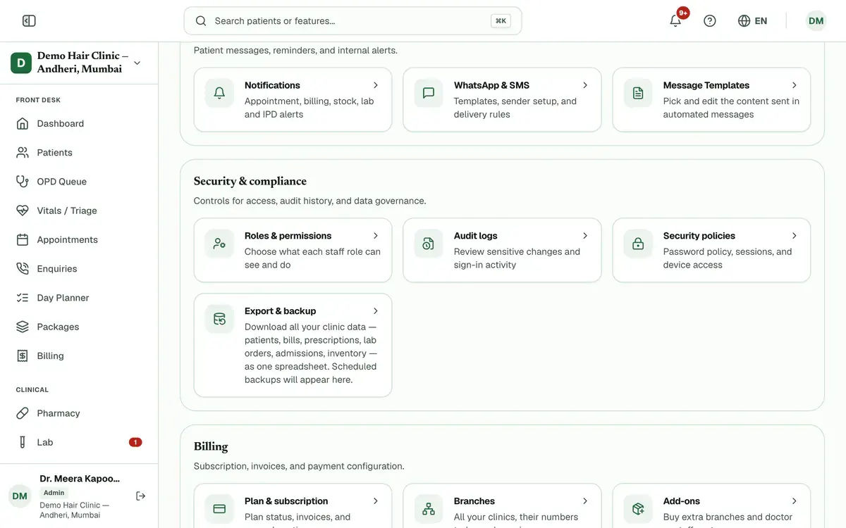 The Security & compliance group of cards, with Roles & permissions, Audit logs and Security policies, above the start of the Billing group.