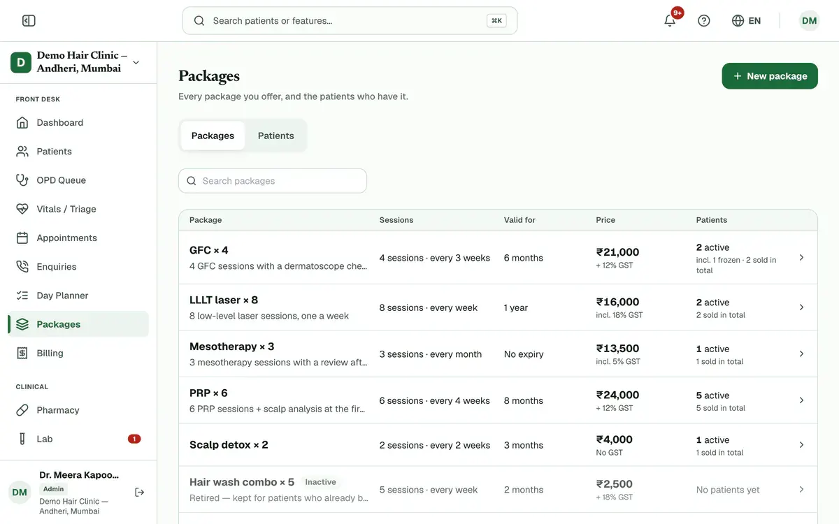 The Packages page with the list of packages the clinic offers, their sessions, validity, price and patients, and the New package button.