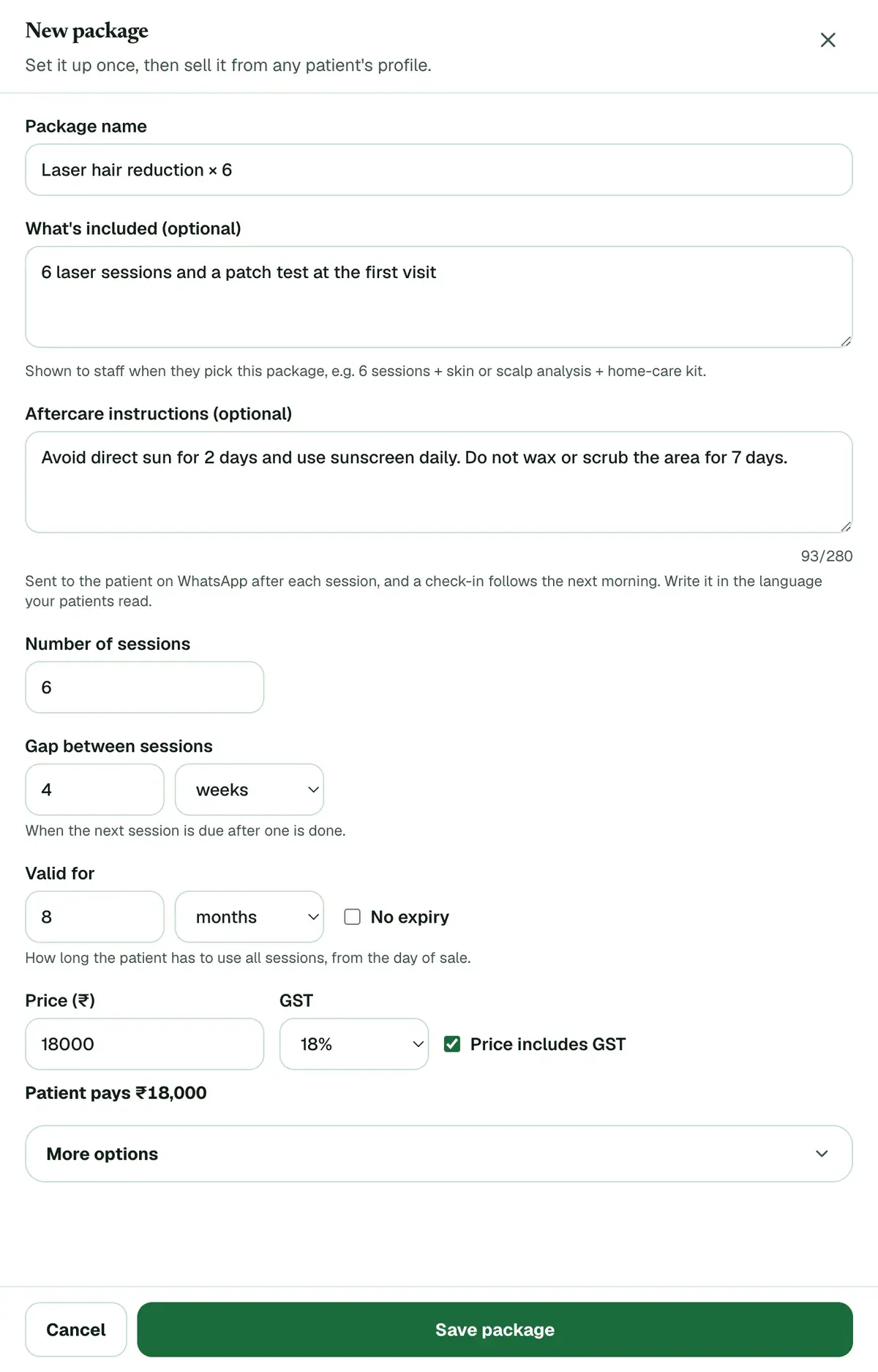 The New package form filled in: name, what is included, aftercare instructions, 6 sessions 4 weeks apart, valid for 8 months and a price that includes 18% GST.