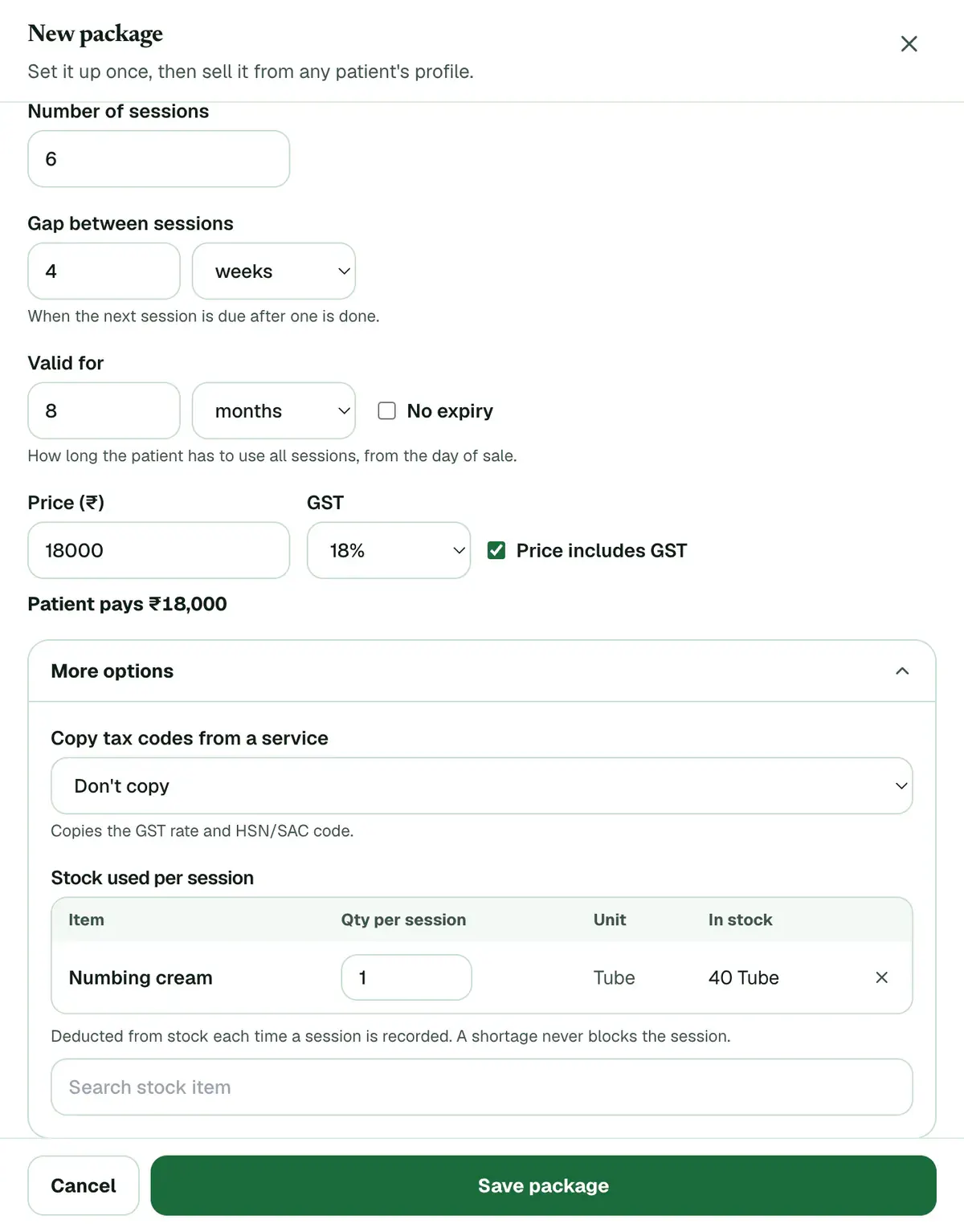 More options opened in the New package form, with one stock item added, its quantity per session and how much is in stock.